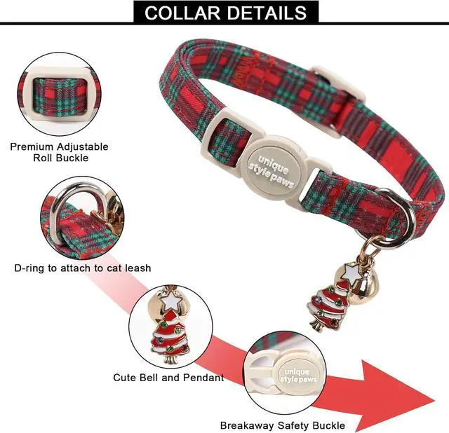 Alt view image 2 of 6 - Unique style paws 2 Pack Christmas Kitten Collar Breakaway with Bell&Pendant, Adjustable Safety Red Green Scottish Plaid Cat Cotton Collar for Girl Boy Cat and Small Pet