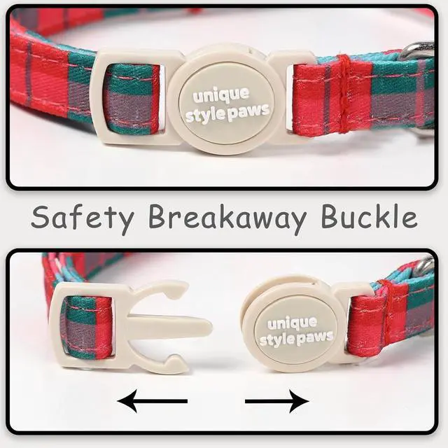 Alt view image 3 of 6 - Unique style paws 2 Pack Christmas Kitten Collar Breakaway with Bell&Pendant, Adjustable Safety Red Green Scottish Plaid Cat Cotton Collar for Girl Boy Cat and Small Pet