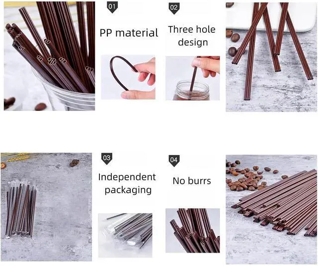 Alt view image 6 of 7 - 100 Individually Wrapped 7in Disposable Coffee Straw Stirrers, Three Hole Design, BPA Free, Plastic, Coffee Color