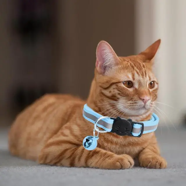 Alt view image 5 of 7 - MJIYA Reflective Cat Collar with Bell, Breakaway Grid Collar with Plastic Buckle, Girl Boy Pet Kitty Collars Adjustable 7.5-12.5 Inch (Light Blue)