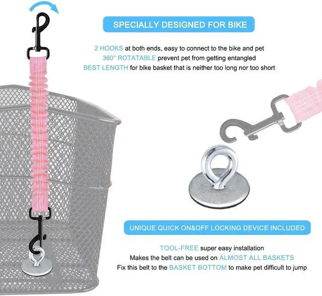 Alt view image 3 of 7 - Dog Seat Belt for Bike Basket, Shock Absorbing Lead Bicycle Safety Leash | Unique Quick-lock Device Fits Most Baskets, Elastic Buffer Prevents Your Pet from Choking, with Reflective Strips