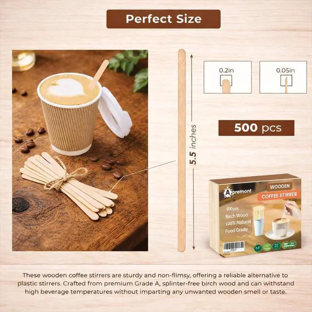 Alt view image 2 of 7 - Apremont 5.5 500 pcs Birchwood Coffee Stirrers Eco-Friendly Wooden Stir Sticks for Hot & Cold Drinks Compostable, Disposable, Natural Wood, Smooth Finish Bulk for Coffee Bar, Office, Cafe