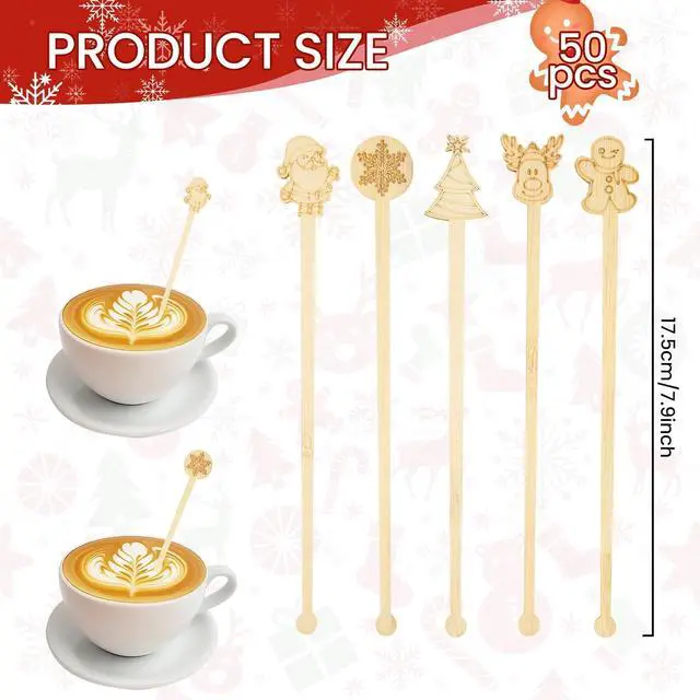 Alt view image 2 of 7 - 50PCS Bamboo Coffee Stirrers, 7 inch Biodegradable Disposable Christmas Coffee stirrers for Coffee Milk Christmas New Year Office Hot Chocolate Bar Supplies