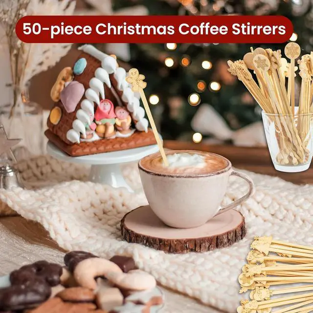 Alt view image 3 of 7 - 50PCS Bamboo Coffee Stirrers, 7 inch Biodegradable Disposable Christmas Coffee stirrers for Coffee Milk Christmas New Year Office Hot Chocolate Bar Supplies
