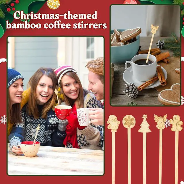 Alt view image 4 of 7 - 50PCS Bamboo Coffee Stirrers, 7 inch Biodegradable Disposable Christmas Coffee stirrers for Coffee Milk Christmas New Year Office Hot Chocolate Bar Supplies