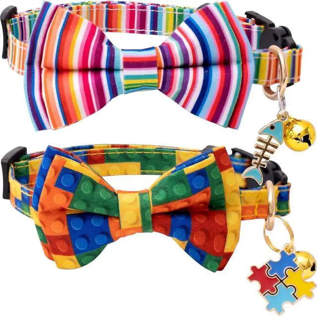 Main image of Faygarsle 2 Pack Breakaway Bowtie Cat Collar with Bell for Male Female Cats Fancy Yellow Blue with Toy Building Blocks Streaks Pattern Spring Summer Cat Collar for Boy Girl Cats