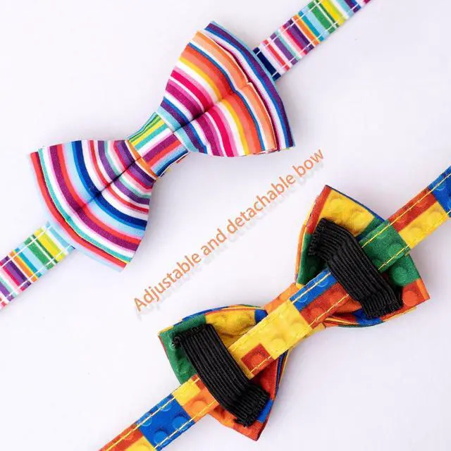 Alt view image 3 of 6 - Faygarsle 2 Pack Breakaway Bowtie Cat Collar with Bell for Male Female Cats Fancy Yellow Blue with Toy Building Blocks Streaks Pattern Spring Summer Cat Collar for Boy Girl Cats