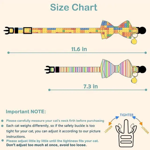 Alt view image 2 of 6 - Faygarsle 2 Pack Breakaway Bowtie Cat Collar with Bell for Male Female Cats Fancy Yellow Blue with Toy Building Blocks Streaks Pattern Spring Summer Cat Collar for Boy Girl Cats