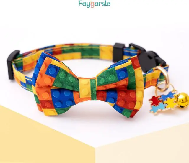 Alt view image 5 of 6 - Faygarsle 2 Pack Breakaway Bowtie Cat Collar with Bell for Male Female Cats Fancy Yellow Blue with Toy Building Blocks Streaks Pattern Spring Summer Cat Collar for Boy Girl Cats