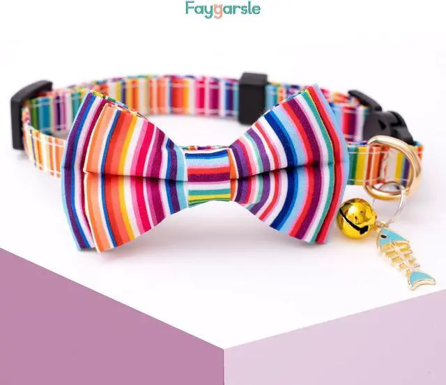 Alt view image 4 of 6 - Faygarsle 2 Pack Breakaway Bowtie Cat Collar with Bell for Male Female Cats Fancy Yellow Blue with Toy Building Blocks Streaks Pattern Spring Summer Cat Collar for Boy Girl Cats