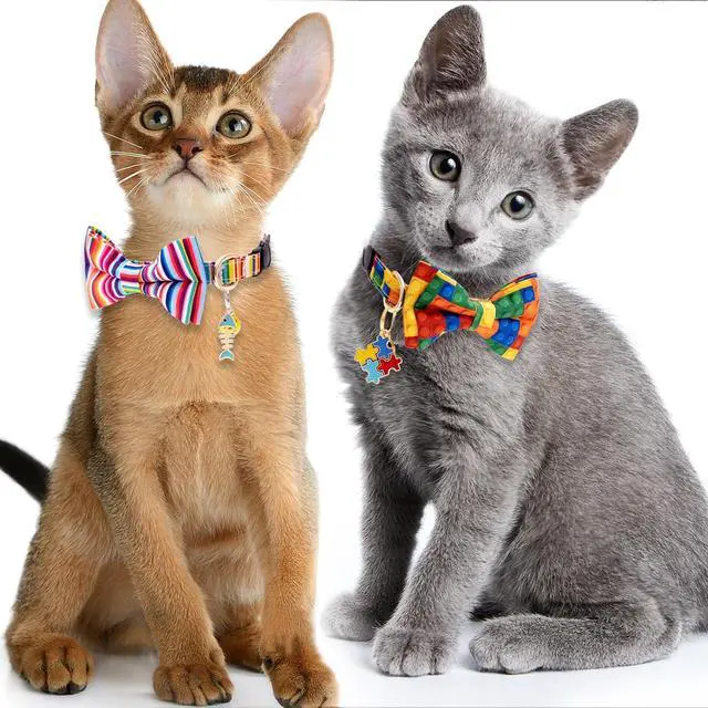 Alt view image 6 of 6 - Faygarsle 2 Pack Breakaway Bowtie Cat Collar with Bell for Male Female Cats Fancy Yellow Blue with Toy Building Blocks Streaks Pattern Spring Summer Cat Collar for Boy Girl Cats
