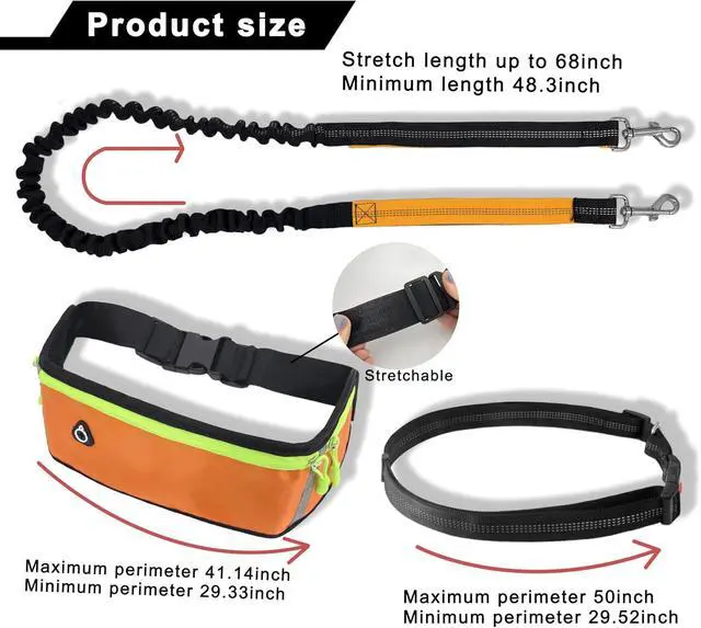 Alt view image 2 of 7 - Hands Free Dog Leash with Zipper Pouch,Reflective Dual Handles Retractable Bungee Waist Leash for Small and Medium Dog Walking, Jogging (Orange)