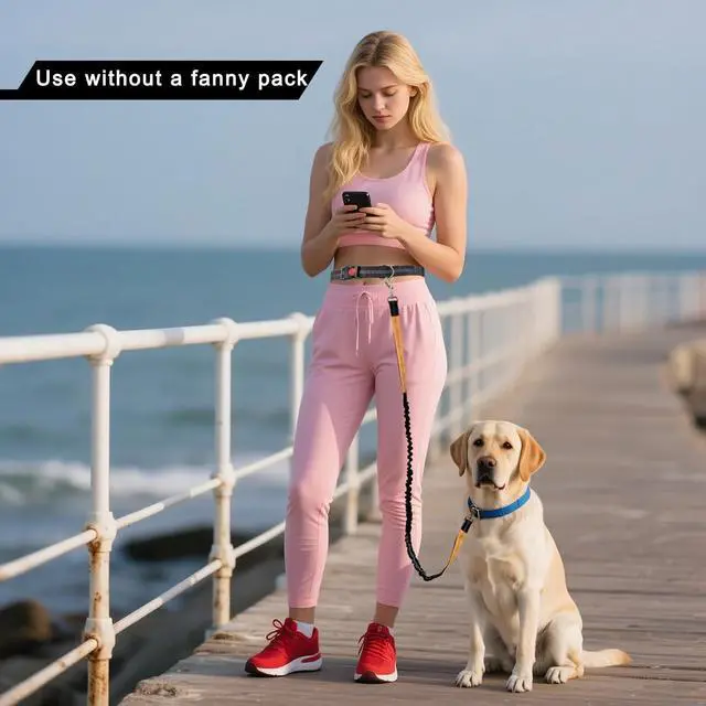 Alt view image 5 of 7 - Hands Free Dog Leash with Zipper Pouch,Reflective Dual Handles Retractable Bungee Waist Leash for Small and Medium Dog Walking, Jogging (Orange)