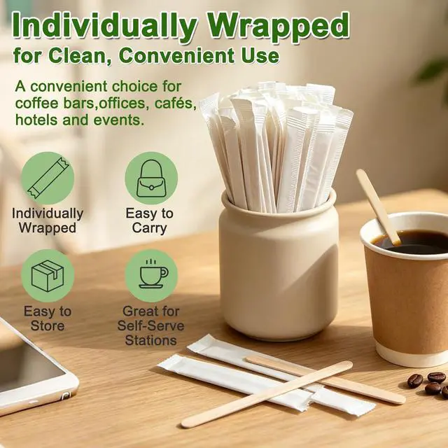 Alt view image 2 of 7 - Wooden Coffee Stirrers Individually Wrapped - 5.5 Inch Stir Sticks for Coffee Bar | Round End Splinter-Free, Disposable Drink Stirrers for Coffee, Hot Cocoa, Tea, Cocktails