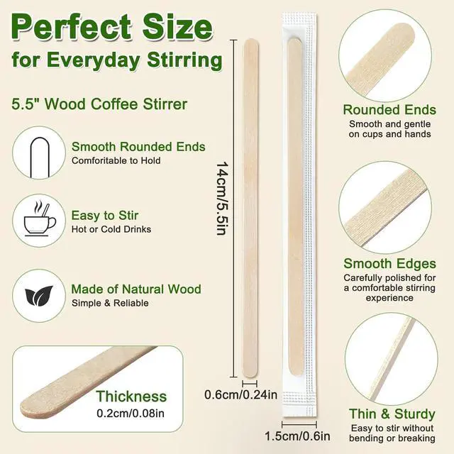 Alt view image 3 of 7 - Wooden Coffee Stirrers Individually Wrapped - 5.5 Inch Stir Sticks for Coffee Bar | Round End Splinter-Free, Disposable Drink Stirrers for Coffee, Hot Cocoa, Tea, Cocktails