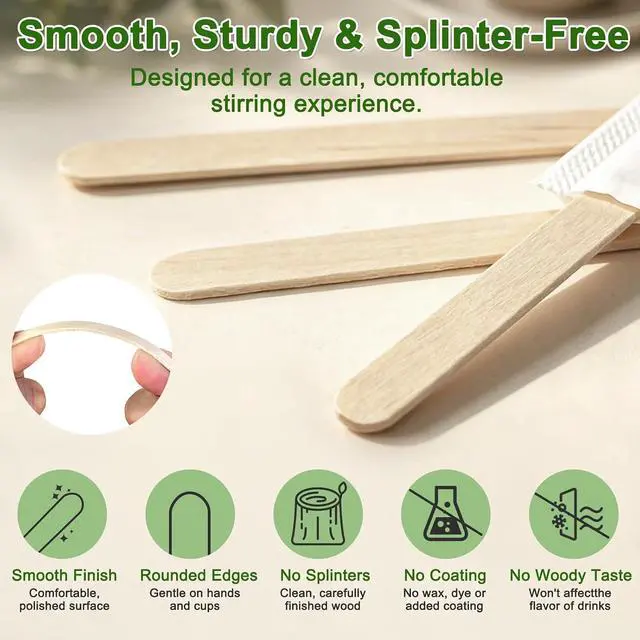 Alt view image 4 of 7 - Wooden Coffee Stirrers Individually Wrapped - 5.5 Inch Stir Sticks for Coffee Bar | Round End Splinter-Free, Disposable Drink Stirrers for Coffee, Hot Cocoa, Tea, Cocktails