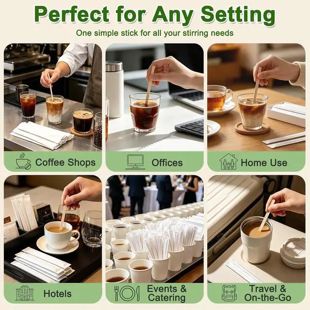 Alt view image 6 of 7 - Wooden Coffee Stirrers Individually Wrapped - 5.5 Inch Stir Sticks for Coffee Bar | Round End Splinter-Free, Disposable Drink Stirrers for Coffee, Hot Cocoa, Tea, Cocktails