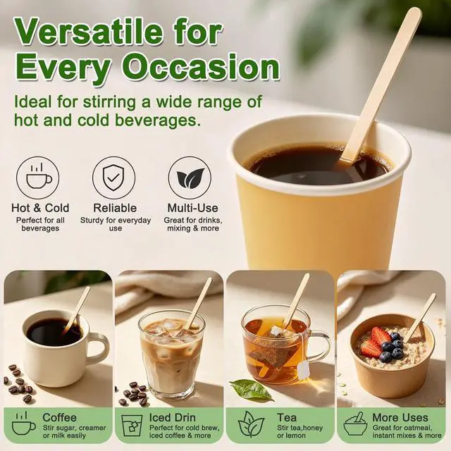 Alt view image 5 of 7 - Wooden Coffee Stirrers Individually Wrapped - 5.5 Inch Stir Sticks for Coffee Bar | Round End Splinter-Free, Disposable Drink Stirrers for Coffee, Hot Cocoa, Tea, Cocktails