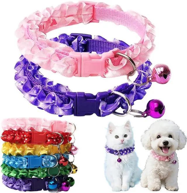Main image of Kitten Collar with Bell, Nylon 2 Pack Girl Puppy Cat Collars, Pink+Purple | Soft Lace Nylon Lightweight Adjustable Pet Collars for XXS XS S Little Female Puppy Dogs Litter Daily Walking