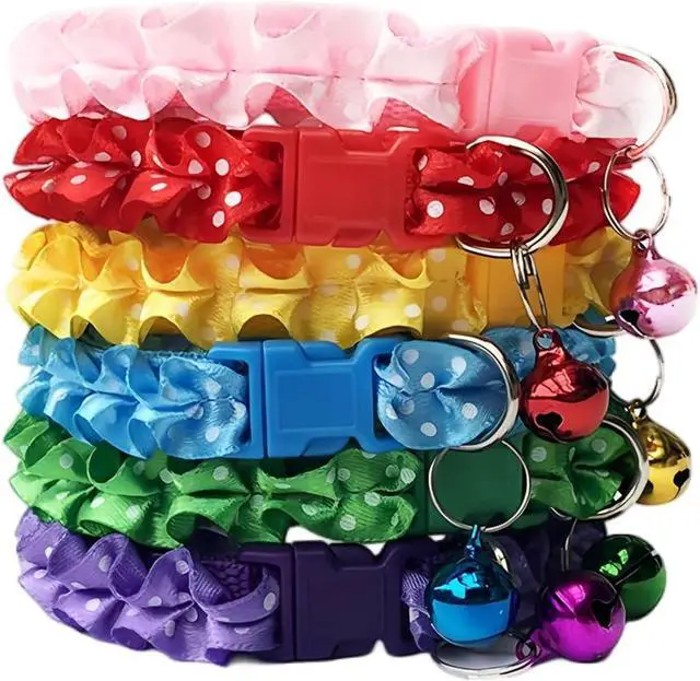 Alt view image 5 of 6 - Kitten Collar with Bell, Nylon 2 Pack Girl Puppy Cat Collars, Pink+Purple | Soft Lace Nylon Lightweight Adjustable Pet Collars for XXS XS S Little Female Puppy Dogs Litter Daily Walking