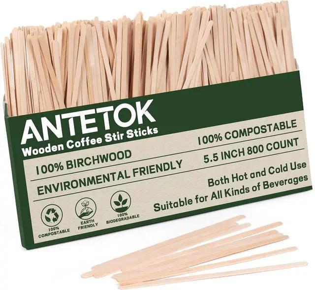 Main image of ANTETOK Wooden Coffee Stirrers - Coffee Stir Sticks 5.5 Inch,800pcs Disposable Swizzle Sticks,Swizzle Drink Sticks for Coffee,Tea,Cocktail and Hot Chocolate