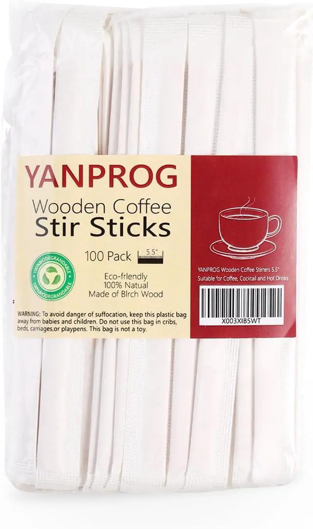 Main image of Wooden Coffee Stirrers Individually Wrapped 5.5" Coffee Stir Sticks 100 Pcs, Natural Birch Round End Thick Birch Wood Eco-Friendly Suitable for Coffee, Cocktail and Hot Drinks