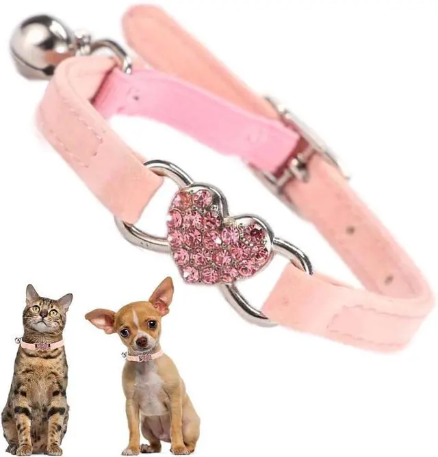 Main image of Bling Small Dog Collar with Bell Rhinestone Puppy Collar with Bells Pink | Removed bell, Sparkling Diamond Heart, Soft Velvet, Adjustable, For XXS XS Small Pet Female Dogs & Girl Cats,Machine Washable