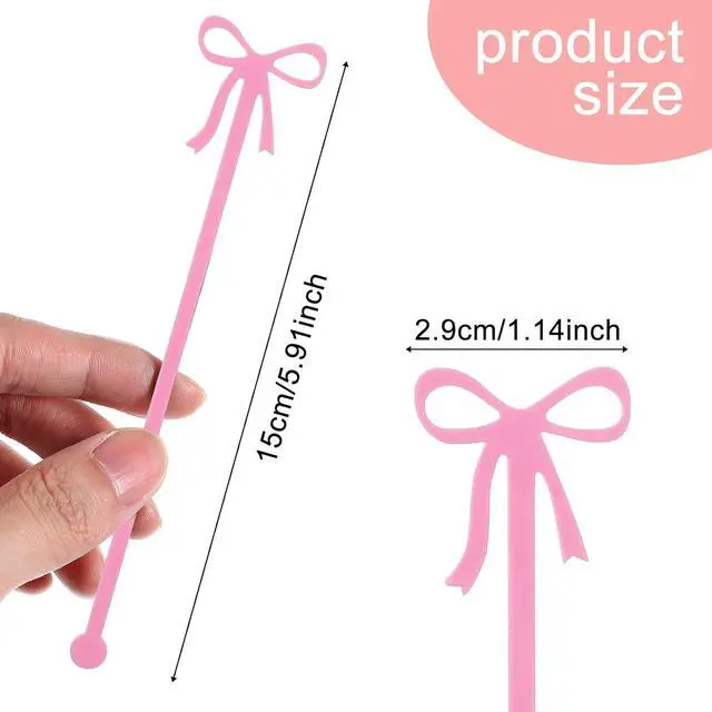 Alt view image 2 of 7 - 20PCS Drink Stirrers Cocktail - Shimmeroo Pink Bow Acrylic Drink Stirrers | 6 Inch Long Reusable Plastic Stirrer for Wedding Birthday Bridal Bachelorette Party Supplies Cupcake Decorations