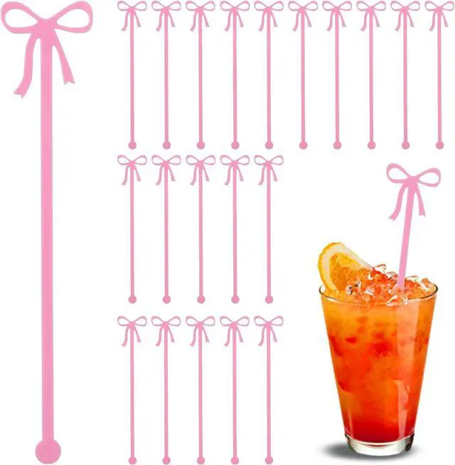 Main image of 20PCS Drink Stirrers Cocktail - Shimmeroo Pink Bow Acrylic Drink Stirrers | 6 Inch Long Reusable Plastic Stirrer for Wedding Birthday Bridal Bachelorette Party Supplies Cupcake Decorations