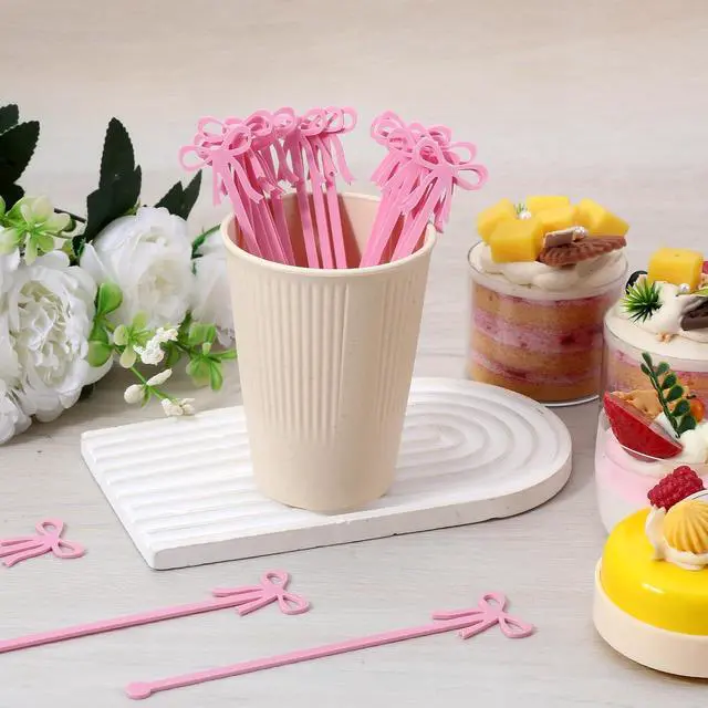 Alt view image 3 of 7 - 20PCS Drink Stirrers Cocktail - Shimmeroo Pink Bow Acrylic Drink Stirrers | 6 Inch Long Reusable Plastic Stirrer for Wedding Birthday Bridal Bachelorette Party Supplies Cupcake Decorations