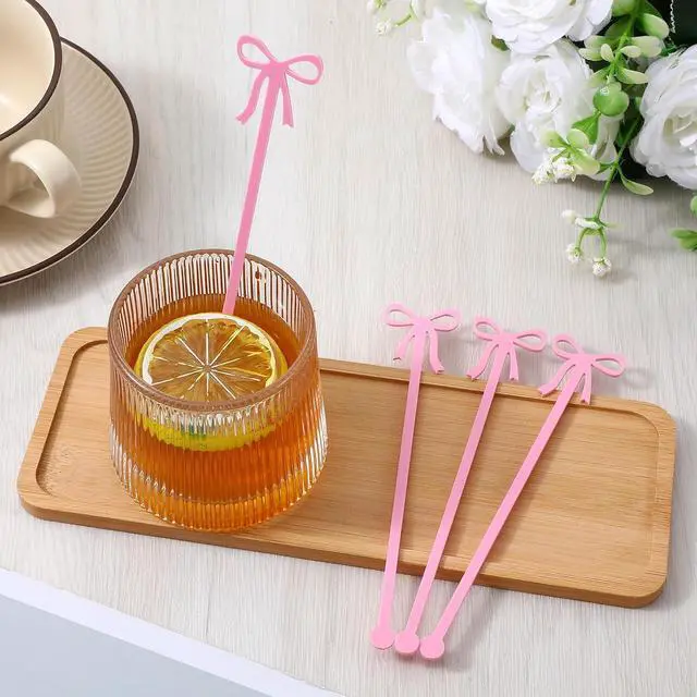 Alt view image 4 of 7 - 20PCS Drink Stirrers Cocktail - Shimmeroo Pink Bow Acrylic Drink Stirrers | 6 Inch Long Reusable Plastic Stirrer for Wedding Birthday Bridal Bachelorette Party Supplies Cupcake Decorations