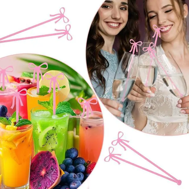 Alt view image 6 of 7 - 20PCS Drink Stirrers Cocktail - Shimmeroo Pink Bow Acrylic Drink Stirrers | 6 Inch Long Reusable Plastic Stirrer for Wedding Birthday Bridal Bachelorette Party Supplies Cupcake Decorations