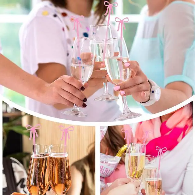 Alt view image 5 of 7 - 20PCS Drink Stirrers Cocktail - Shimmeroo Pink Bow Acrylic Drink Stirrers | 6 Inch Long Reusable Plastic Stirrer for Wedding Birthday Bridal Bachelorette Party Supplies Cupcake Decorations