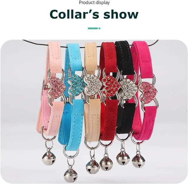 Alt view image 4 of 6 - Bling Small Dog Collar with Bell Rhinestone Puppy Collar with Bells Pink | Removed bell, Sparkling Diamond Heart, Soft Velvet, Adjustable, For XXS XS Small Pet Female Dogs & Girl Cats,Machine Washable