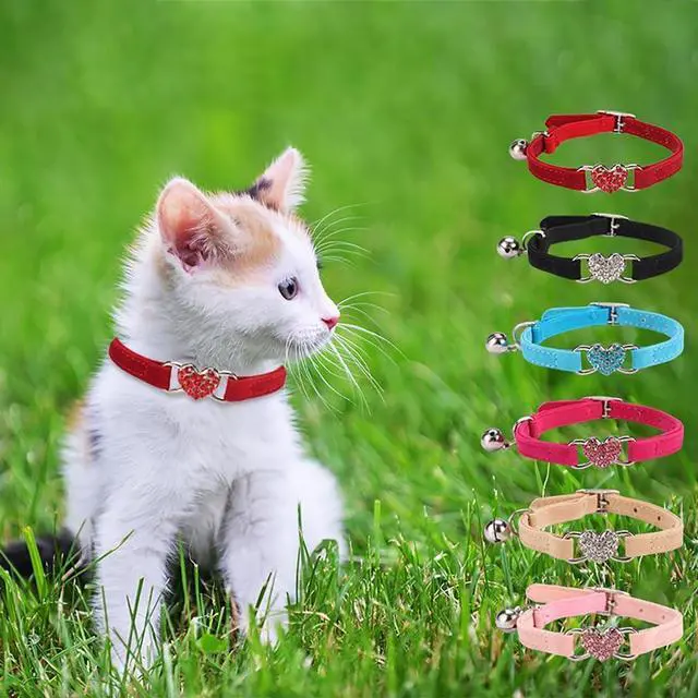 Alt view image 6 of 6 - Bling Small Dog Collar with Bell Rhinestone Puppy Collar with Bells Pink | Removed bell, Sparkling Diamond Heart, Soft Velvet, Adjustable, For XXS XS Small Pet Female Dogs & Girl Cats,Machine Washable