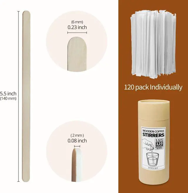 Alt view image 2 of 6 - Wooden Coffee Stirrers 5.5 Inch - 120 Pcs Individually Wrapped Disposable Coffee Stirrer Sticks