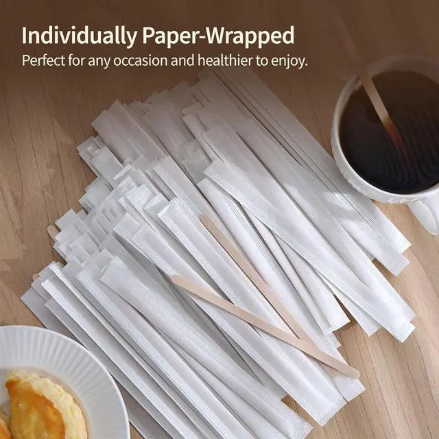 Alt view image 4 of 6 - Wooden Coffee Stirrers 5.5 Inch - 120 Pcs Individually Wrapped Disposable Coffee Stirrer Sticks