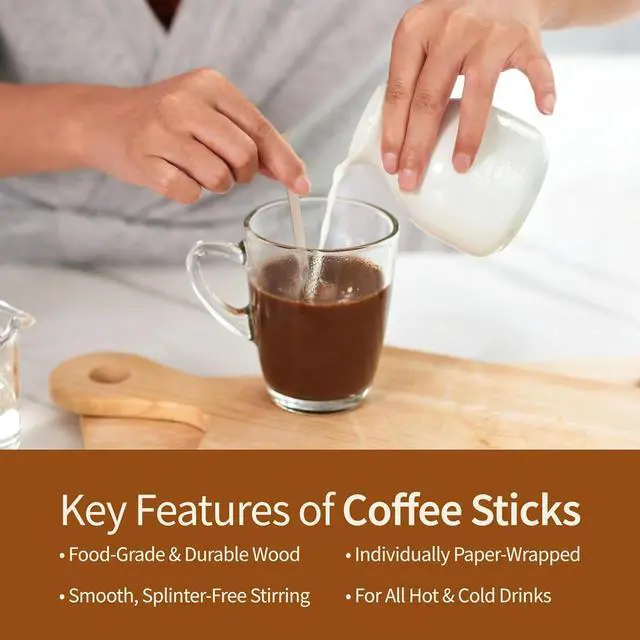 Alt view image 3 of 6 - Wooden Coffee Stirrers 5.5 Inch - 120 Pcs Individually Wrapped Disposable Coffee Stirrer Sticks