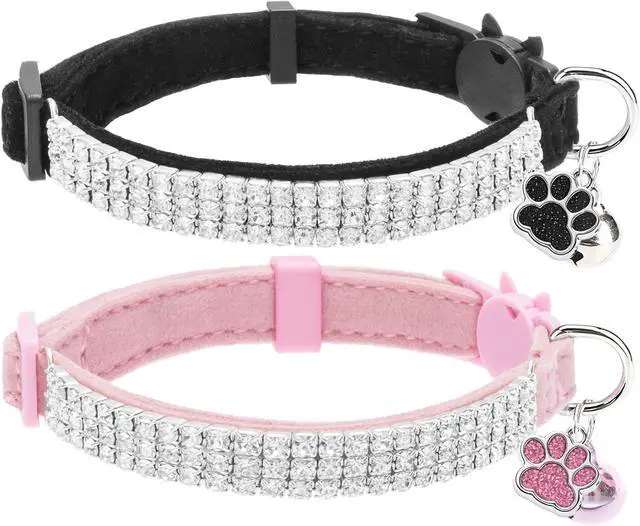 Main image of EXPAWLORER Soft Velvet Safe Cat Collars for Girl Cats,Black & Pink | 2 Pack Rhinestones Bling Diamante Adjustable Collars,Breakaway Cat Collar Gifts with Bells for Boy Cats Kitty and Small Dogs