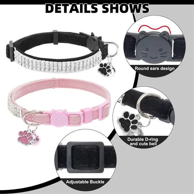 Alt view image 3 of 7 - EXPAWLORER Soft Velvet Safe Cat Collars for Girl Cats,Black & Pink | 2 Pack Rhinestones Bling Diamante Adjustable Collars,Breakaway Cat Collar Gifts with Bells for Boy Cats Kitty and Small Dogs