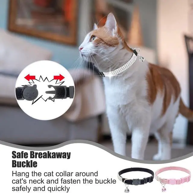 Alt view image 4 of 7 - EXPAWLORER Soft Velvet Safe Cat Collars for Girl Cats,Black & Pink | 2 Pack Rhinestones Bling Diamante Adjustable Collars,Breakaway Cat Collar Gifts with Bells for Boy Cats Kitty and Small Dogs