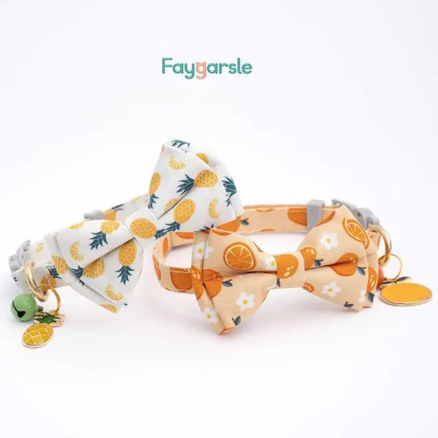 Alt view image 6 of 7 - Faygarsle 2 Pack Cute Cats Collars with Bell Breakaway Bowtie Cat Collar for Male Female Cats Soft Fancy Orange Yellow Cat Collars Pineapple Orange Pattern Summer Cat Collar for Boy Girl Cats