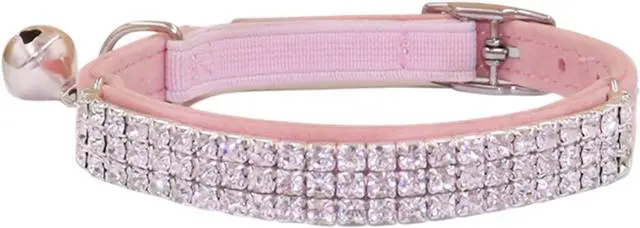 Main image of THAIN Rhinestones Cat Dog Collar Soft Velvet Safe Adjustable Collar Bling Diamante with Bells, 8-11 inch for Small Dogs and Cats (Pink)