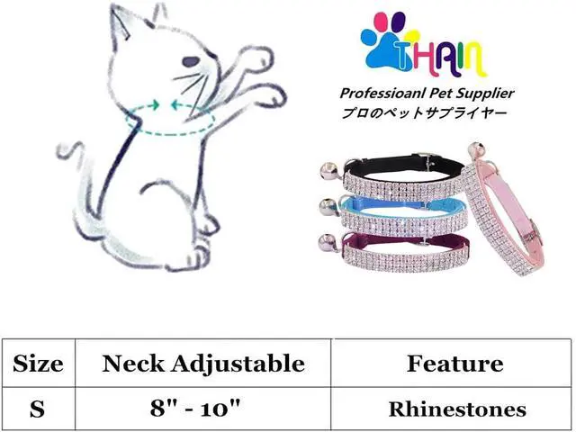 Alt view image 2 of 6 - THAIN Rhinestones Cat Dog Collar Soft Velvet Safe Adjustable Collar Bling Diamante with Bells, 8-11 inch for Small Dogs and Cats (Pink)