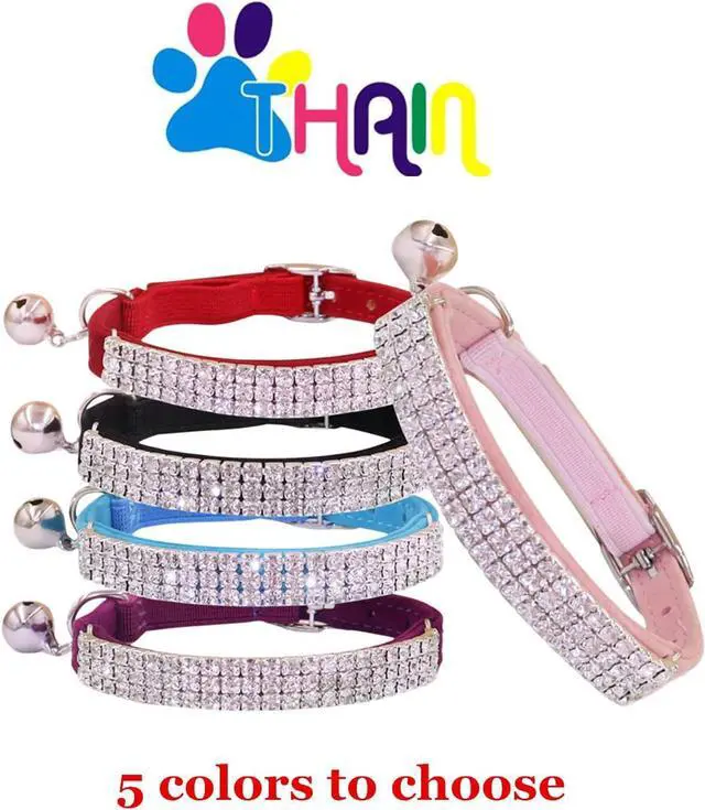 Alt view image 3 of 6 - THAIN Rhinestones Cat Dog Collar Soft Velvet Safe Adjustable Collar Bling Diamante with Bells, 8-11 inch for Small Dogs and Cats (Pink)