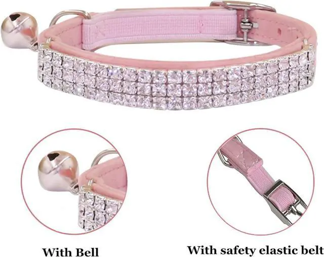 Alt view image 4 of 6 - THAIN Rhinestones Cat Dog Collar Soft Velvet Safe Adjustable Collar Bling Diamante with Bells, 8-11 inch for Small Dogs and Cats (Pink)