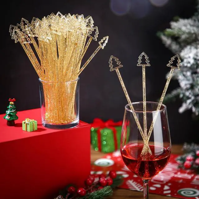 Alt view image 4 of 6 - Tioncy 60 Christmas Drink Stirrers Christmas Coffee Stirrers Bulk Christmas Tree Top Swizzle Sticks Plastic Drink Stirrers Glitter Swizzle Sticks for Drinks Bar Christmas Party (Gold)