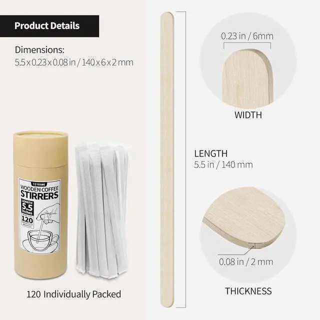 Alt view image 2 of 7 - Wooden Coffee Stirrer, 5.5 inch, 120 Pack Individually Wrapped Coffee Stir Sticks