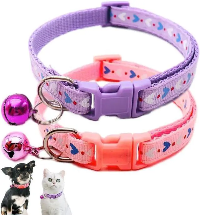 Main image of XXS Dog Collar with Bell, 2 Pack XS Cat Collars Girl Cute Soft Adjustable Buckle for XSmall Extra Small Tiny Little Puppies Dogs Pet Female Kitten Yorkie Chihuahua Purple and Pink