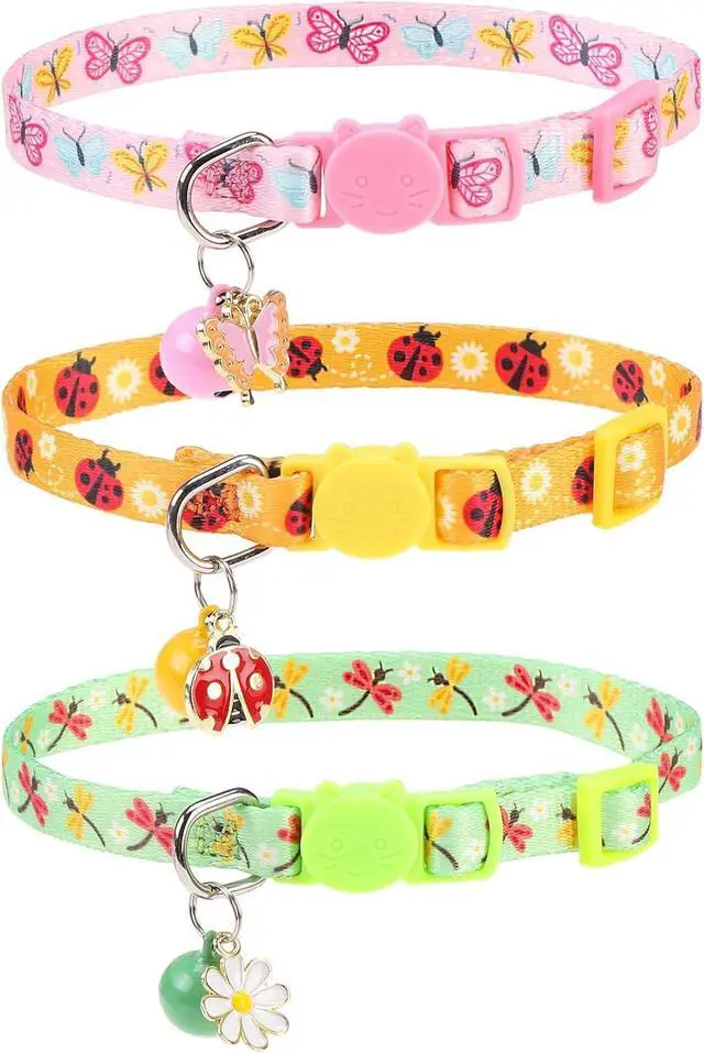 Main image of Breakaway Cat Collars with Bell & Cute Pendants, 3 Pack Safety Buckle Kitten Collars, Adjustable Pet Collar Ideal for Girl Boy Cats Puppy (Style A - Insect)